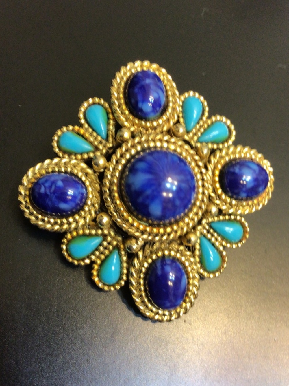 Vintage Capri Maltese Cross Flower Brooch Lapis Lazuli and Turquoise Cabochons